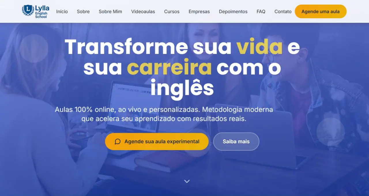 Site da Lylla English School com aulas de inglês online e ao vivo
