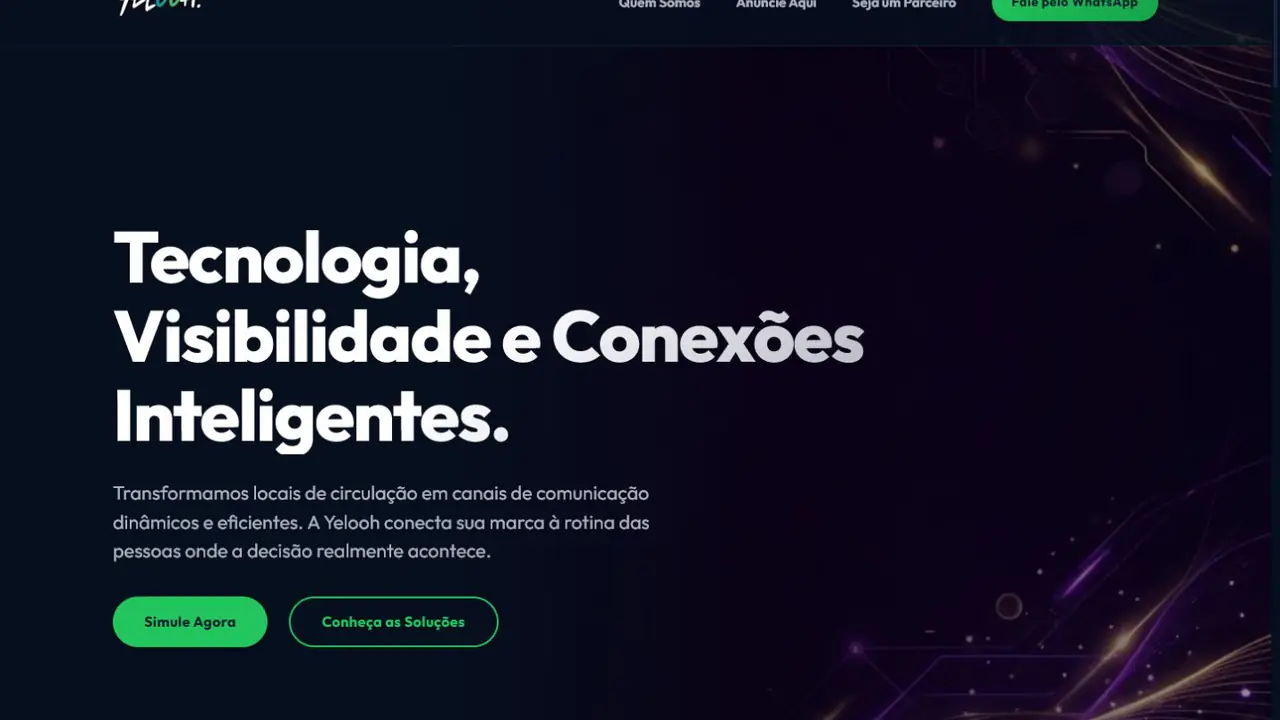 Site da Yelooh apresentando mídia digital em elevadores e shoppings
